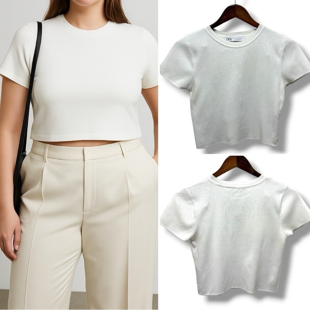 435 ZARA |EUC Bangladesh White Ribbed Knit Fitted Short Sleeve Crop Top (Size L)
